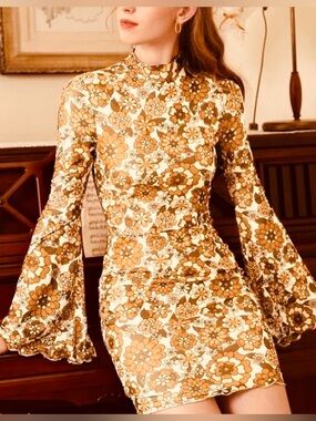 SHEIN Mod 70’s Floral Orange and Cream Mini Dress with Flair Sleeves, Size XS